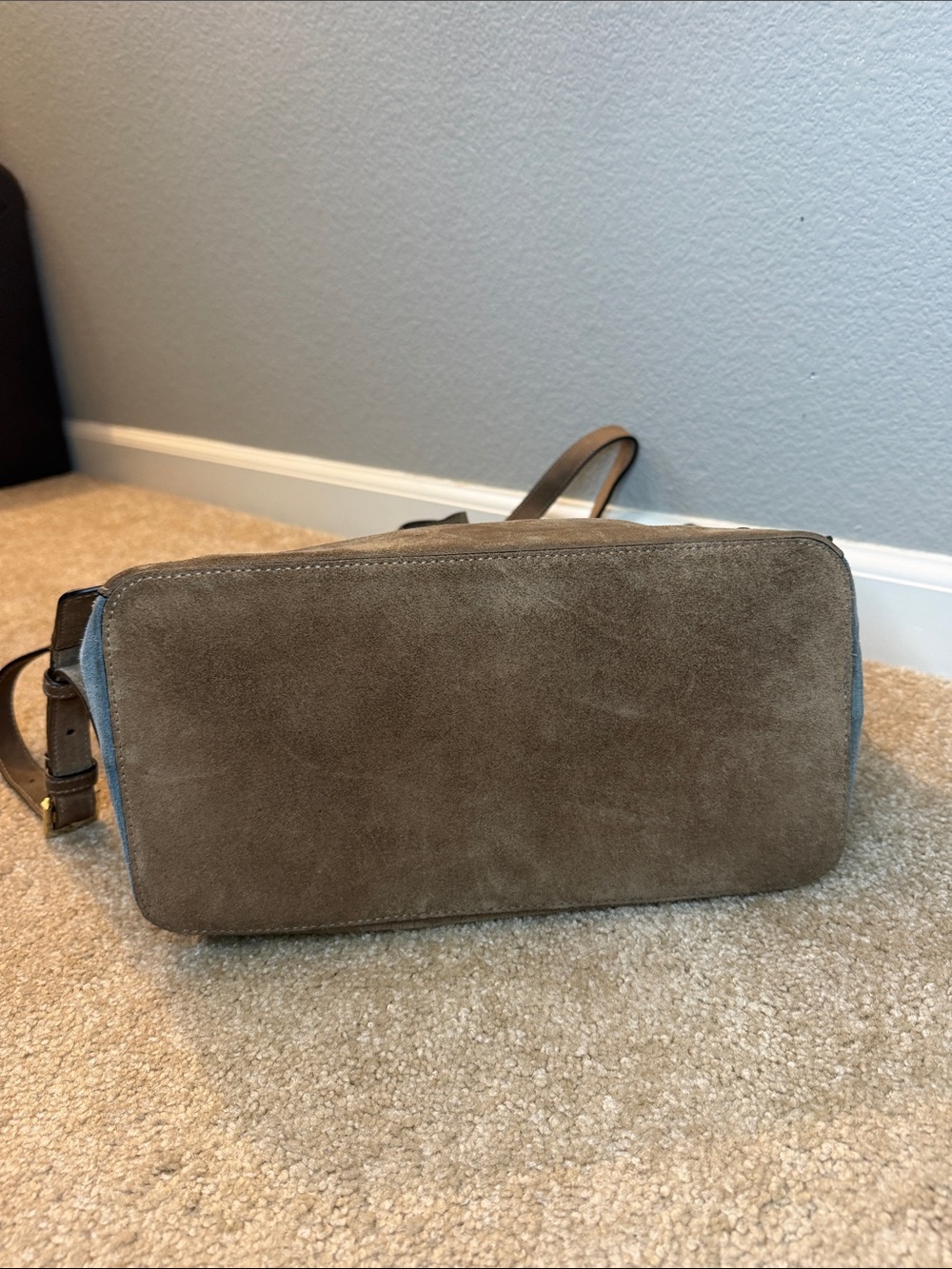 Lipault Paris Suede Fold-Over Backpack Bag in Brown and Blue - Picture 7 of 16